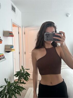 Bershka One-Shoulder Ribbed Crop Top in Brown